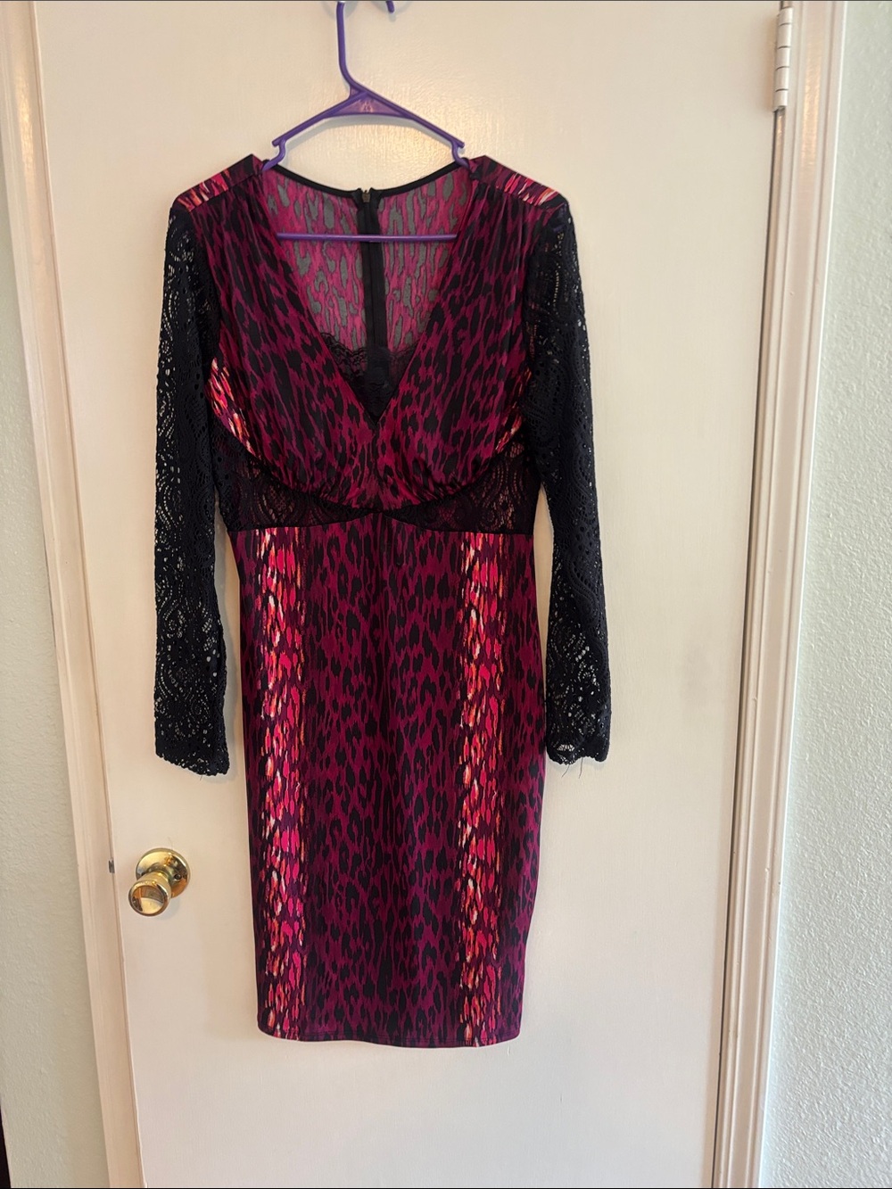 V-Neck Pink Animal-Print Sheath Dress with Black Lace Sleeves